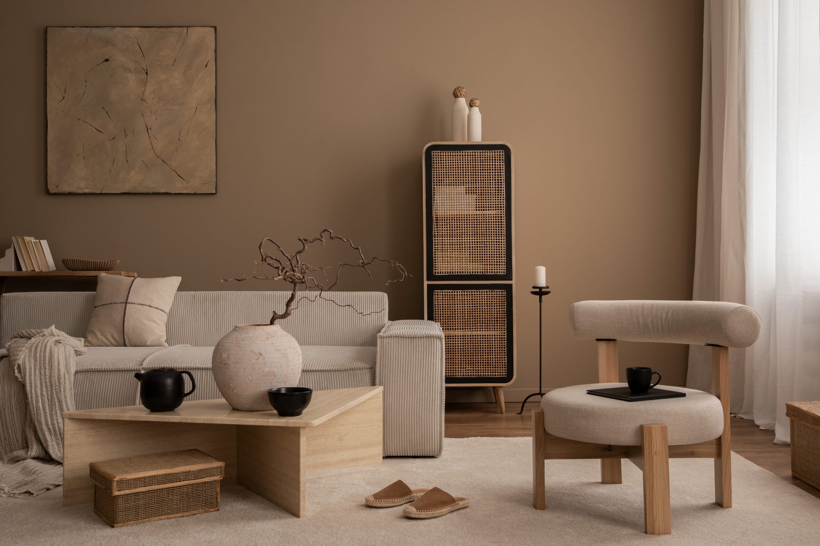Elegant composition of warm living room interior with mock up poster frame, modular sofa, travertine coffee table, gray armchair, rattan sideboard, lamp and personal accessories. Home decor. Template.